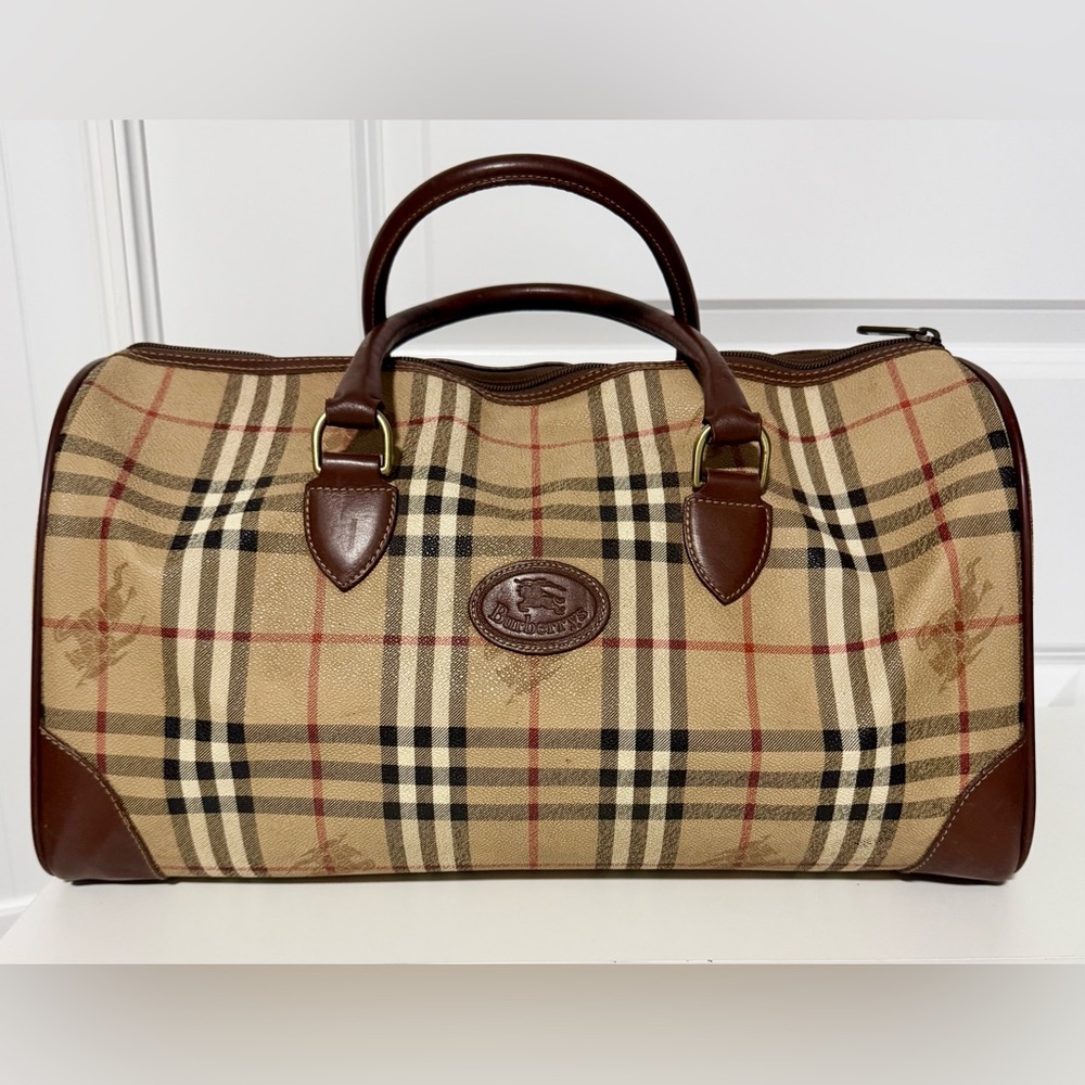 Burberry Tan and Brown Plaid Duffel Bag